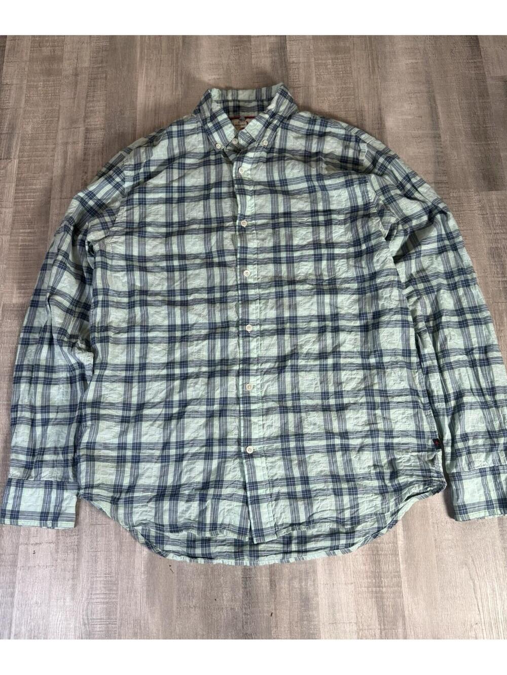 Relwen Huckberry Rumpled Lawn Shirt Large Mens L/S Button Down Blue Plaid